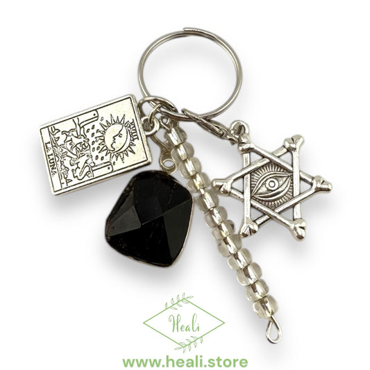 Black Tourmaline Key Chain // Star of David + The Moon Tarot Card Pendants