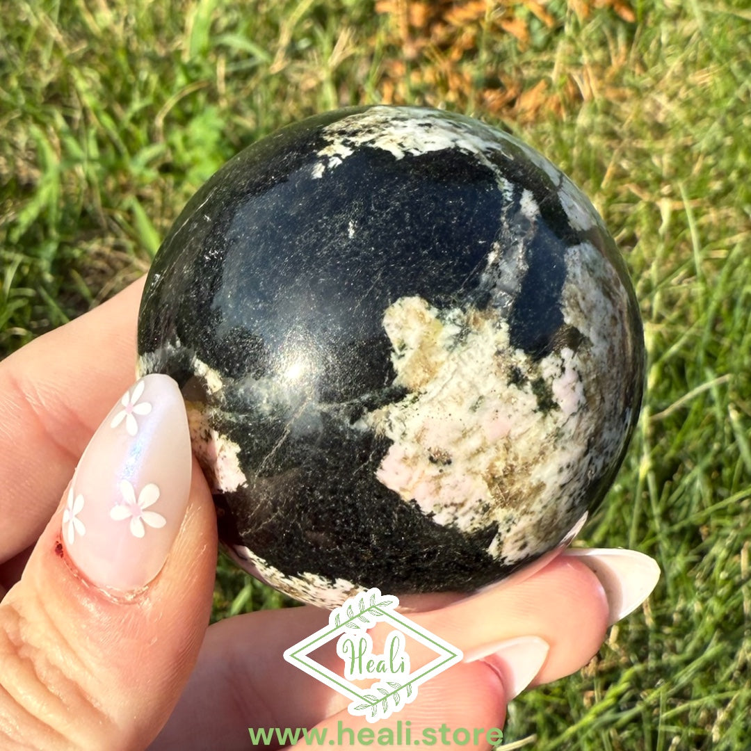 Black Jade with Pink Thulite (Khyber Stone) Small Sphere