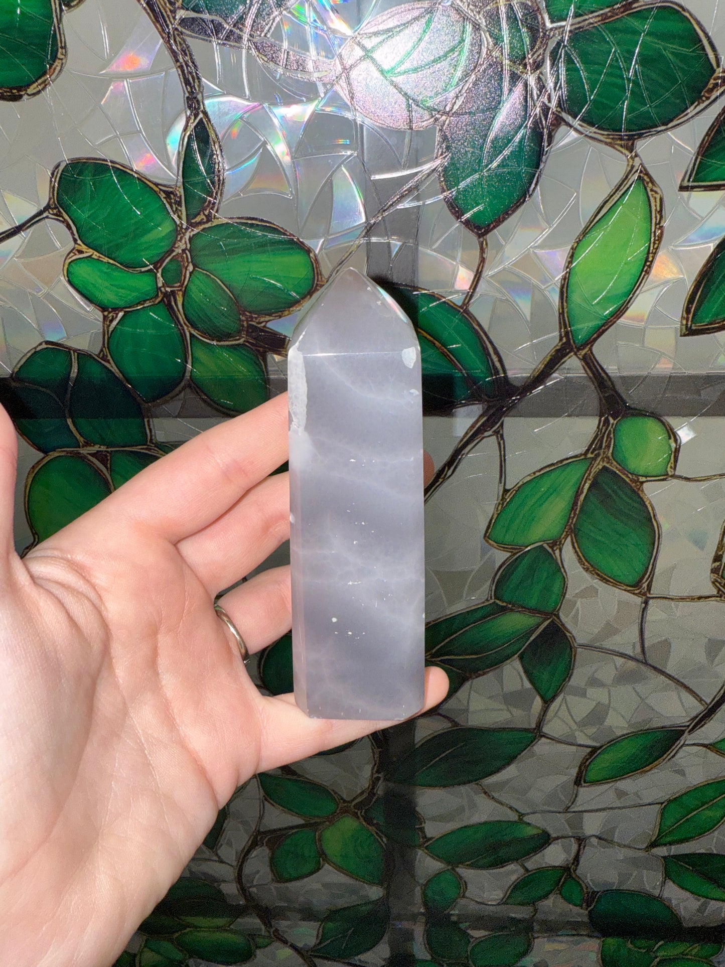 Pink Mangano Calcite w Smoky Quartz tower