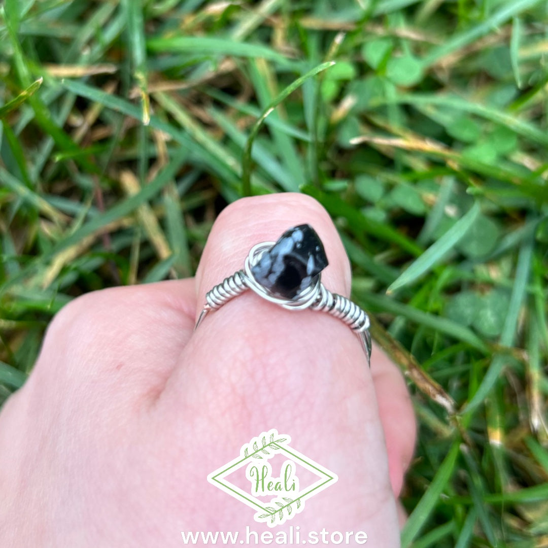 Lunar Cage Ring (size 9) Snowflake Obsidian