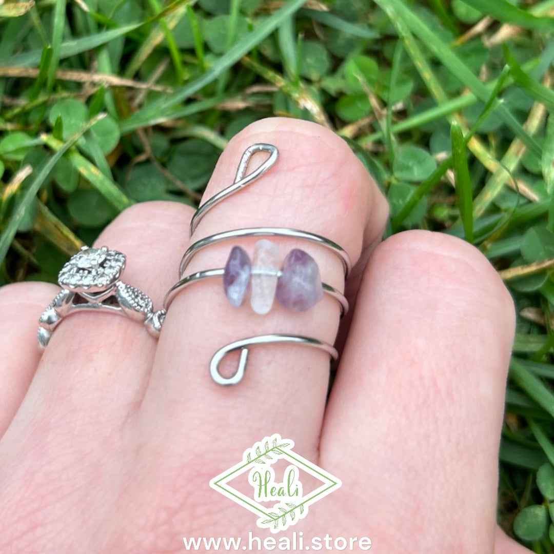 Aura Spiral Adjustable Ring (size 5-8) Amethyst & Clear Quartz