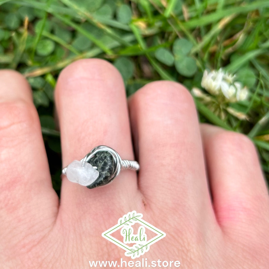 Lunar Cage Ring (size 7.5) Moss Agate & Clear Quartz