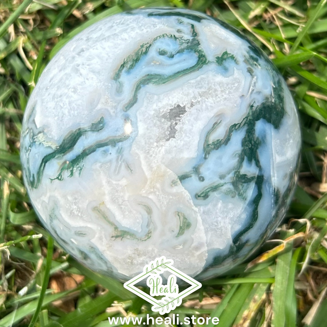 Moss Agate Sphere with Druzy