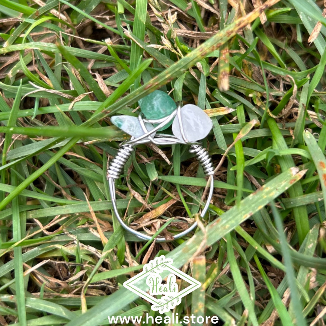 Lunar Cage Ring (size 6) Moss Agate, Green Aventurine, & Clear Quartz