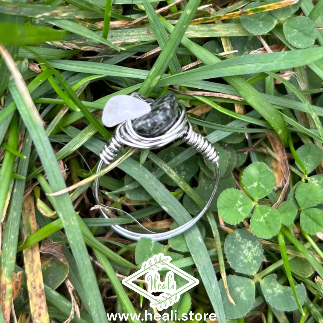 Lunar Cage Ring (size 7.5) Moss Agate & Clear Quartz