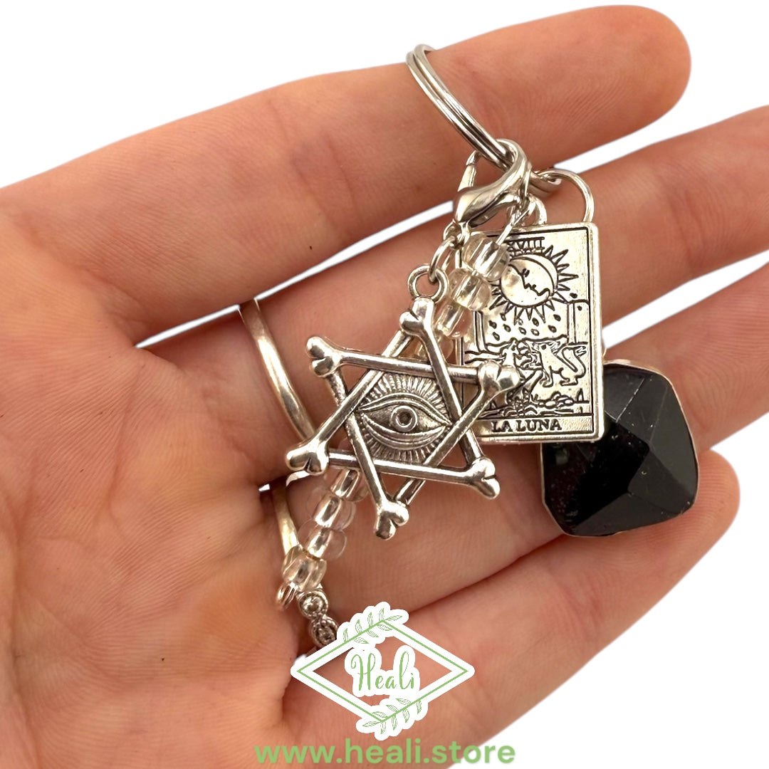 Black Tourmaline Key Chain // Star of David + The Moon Tarot Card Pendants