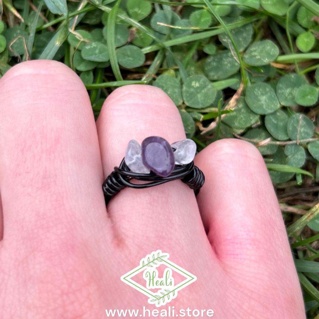 Lunar Cage Ring (size 5) Amethyst & Clear Quartz