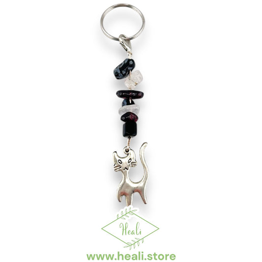 Cat Key Chain (Clear Quartz, Garnet, Snowflake Obsidian)