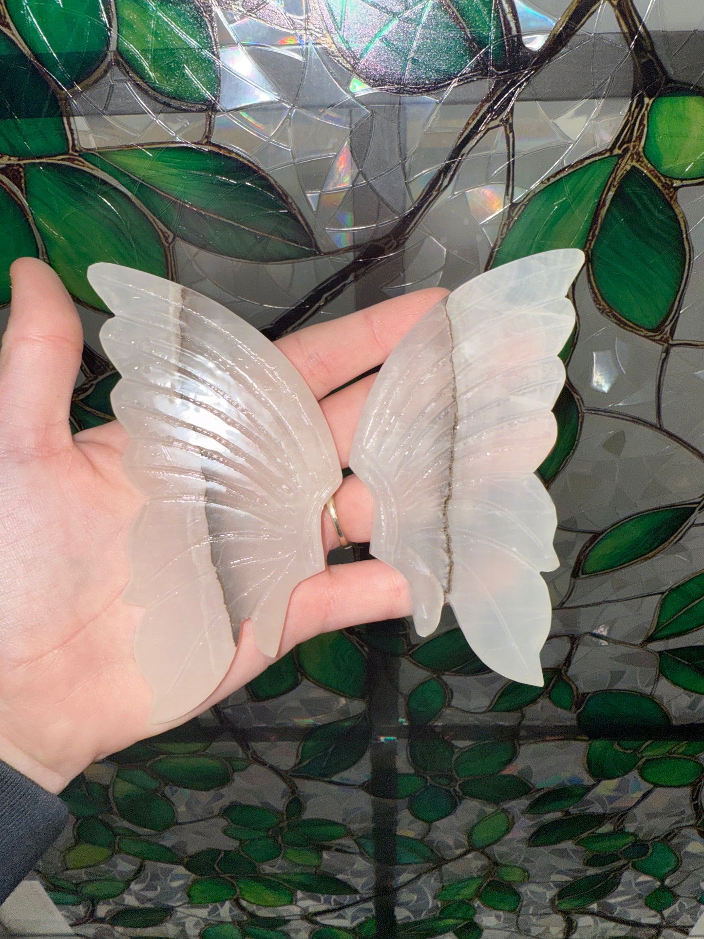 Pink Mangano Calcite W Smoking Quartz butterfly wing carvings