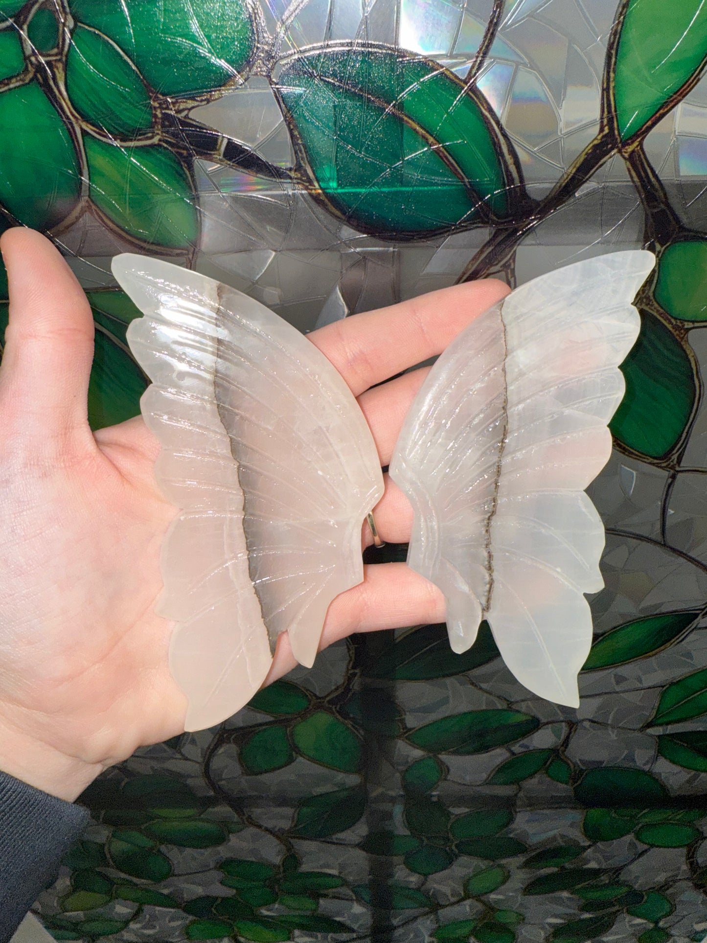 Pink Mangano Calcite W Smoking Quartz butterfly wing carvings