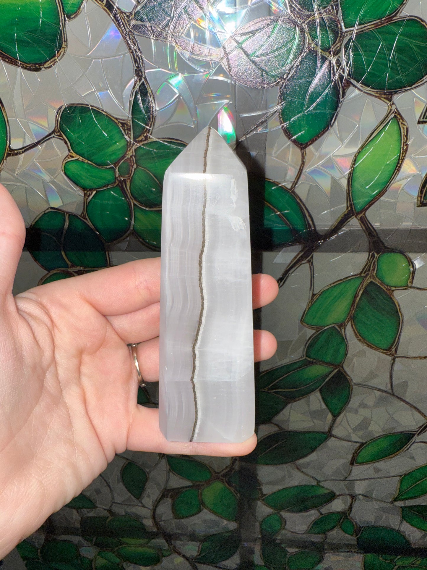 Pink Mangano Calcite w Smoky Quartz tower